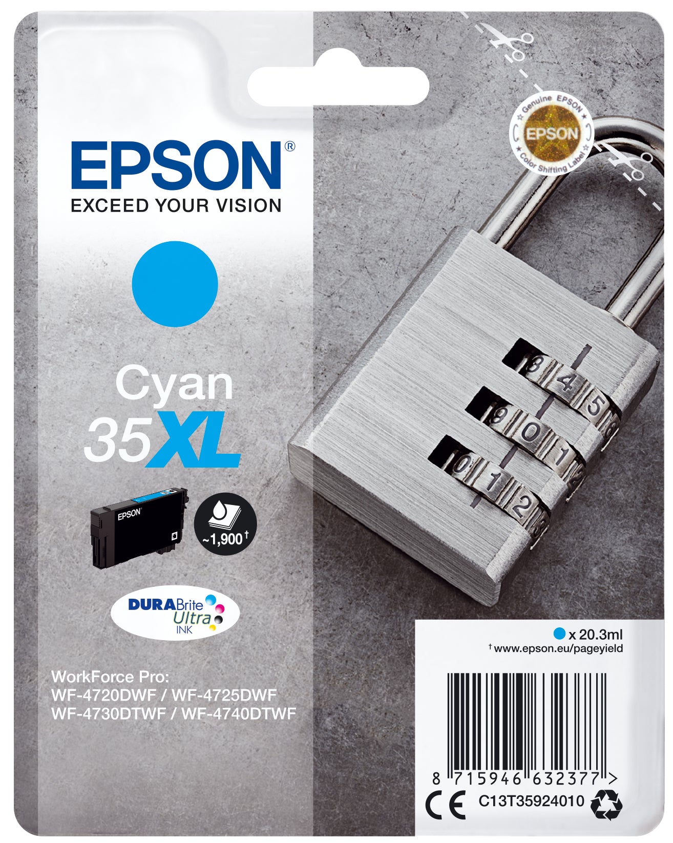 Epson C13T3592401035Xl Ink Cartridge Cyan High-Capacity, 1.9K Pages 20,3Ml For Epson Wf-4720-(C13T35924010)