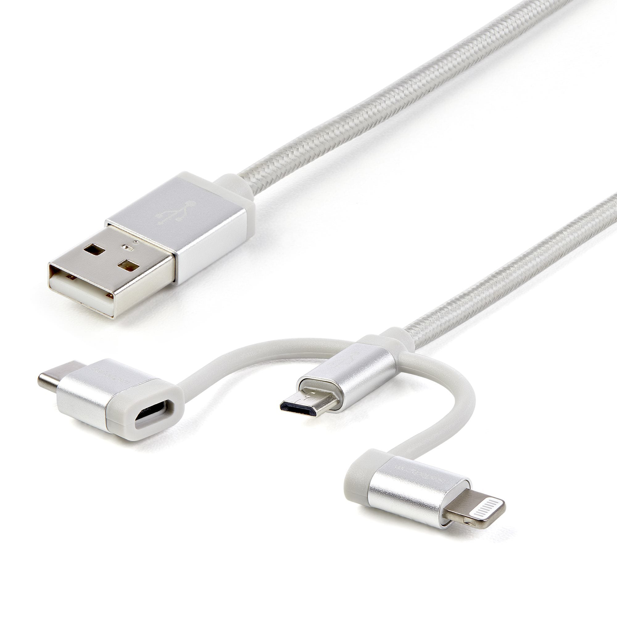 Startech 1 M (3 F.T) USB Multi Charging Cable - USB To Micro-USB Or USB-C Or Lightning For Iphone Ipad Ipod Android - Apple Mfi Certified - 3 In 1 USB Charger - Braided-(LTCUB1MGR)