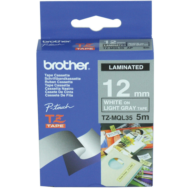 Brother Tze-Mql35 Directlabel White On Gray Laminat 12Mm X 8M For Brother P-Touch Tz 3.5-18Mm6-12Mm6-18Mm6-24Mm6-36Mm-(TZEMQL35)