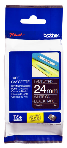 Brother Tze-355 Directlabel White On Black Laminat 24Mm X 8M For Brother P-Touch Tz 3.5-24Mmhse36Mm6-24Mm6-36Mm-(TZE355)