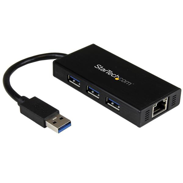 Startech 3-Port Portable USB 3.0 Hub Plus Gigabit Ethernet - Aluminum With Built-In Cable-(ST3300GU3B)