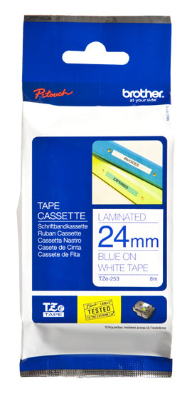 Brother Tze-253 Directlabel Blue On White Laminat 24Mm X 8M For Brother P-Touch Tz 3.5-24Mmhse36Mm6-24Mm6-36Mm-(TZE253)